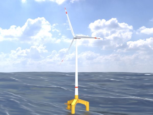 Windkraftanlage mit Tripile Offshore Fundament E1 H-163 Rotor-Durchmesser 172 m mit Animation
