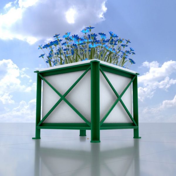 Quadratischer weißer Blumentopf mit blauen Blumen
