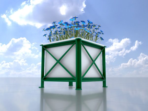 Quadratischer weißer Blumentopf mit blauen Blumen