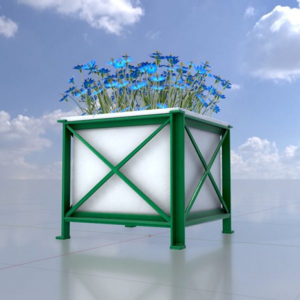 Quadratischer weißer Blumentopf mit blauen Blumen