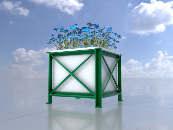 Quadratischer weißer Blumentopf mit blauen Blumen – Bild 2