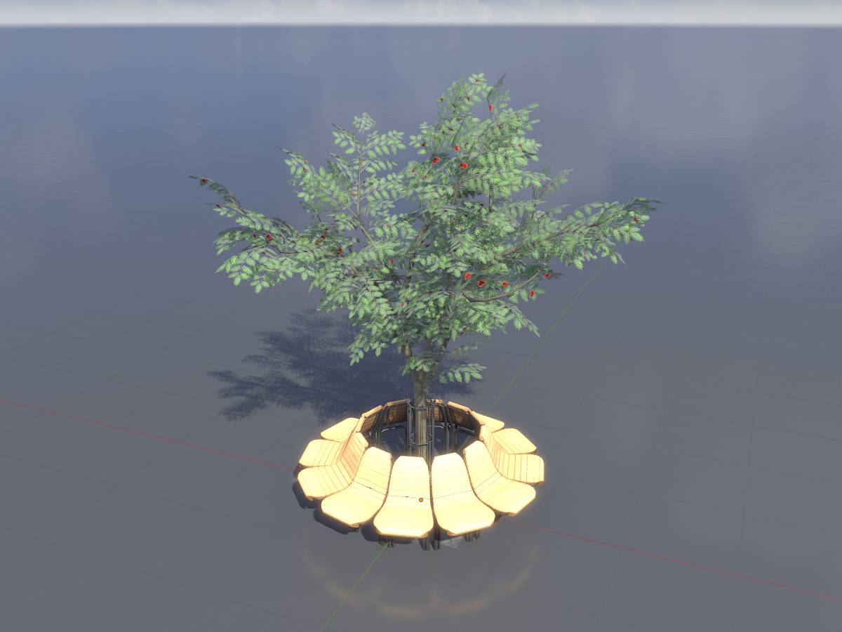 Rundbank mit Holzsitz aus Eiche und Metallrahmen aus Edelstahl mit Baum
